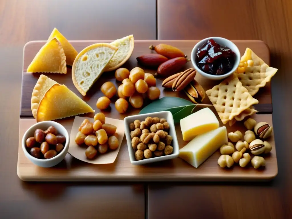 Deliciosos snacks halal en una tabla de madera, con colores y texturas tentadoras