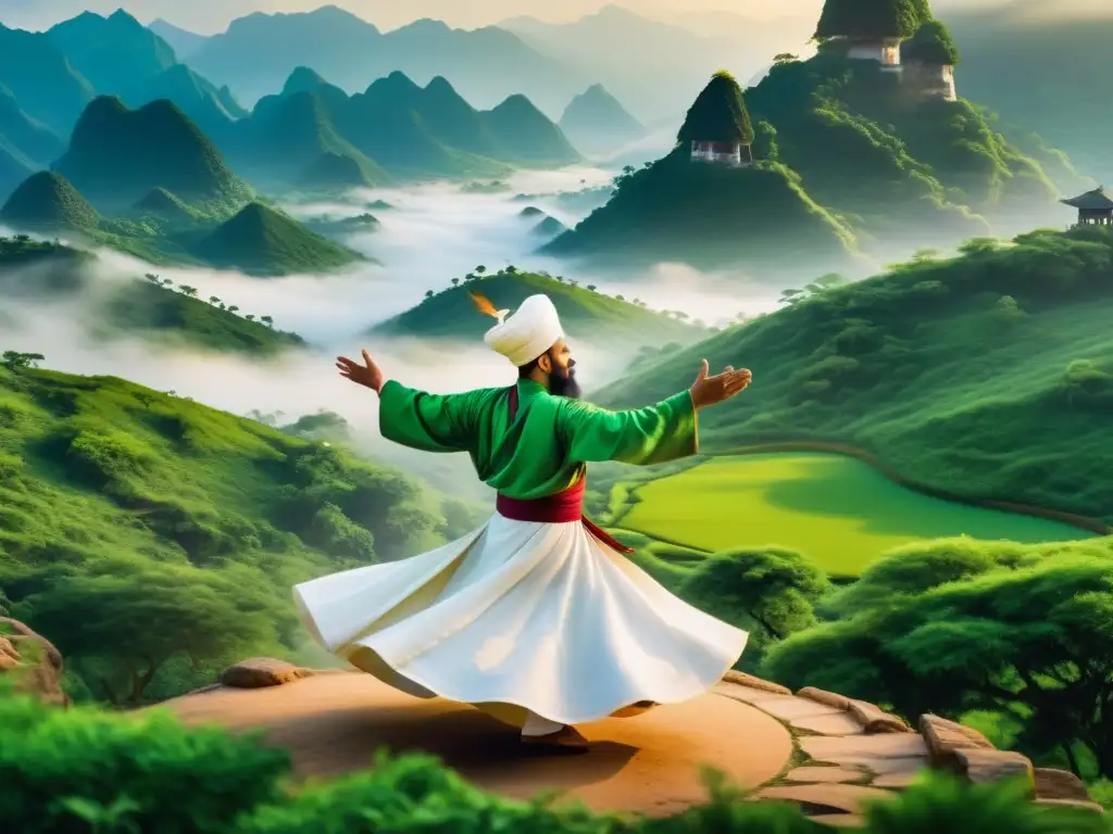 Un derviche sufí realiza la danza giratoria en paisaje del sudeste asiático, evocando la expansión del Islam Órdenes Sufíes