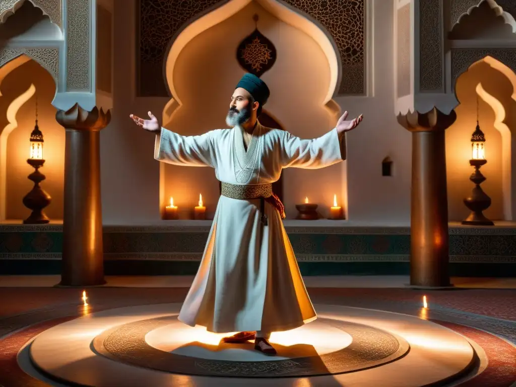 Un derviche sufí gira con los brazos extendidos en una mezquita iluminada por velas, evocando el poder espiritual del canto sufí