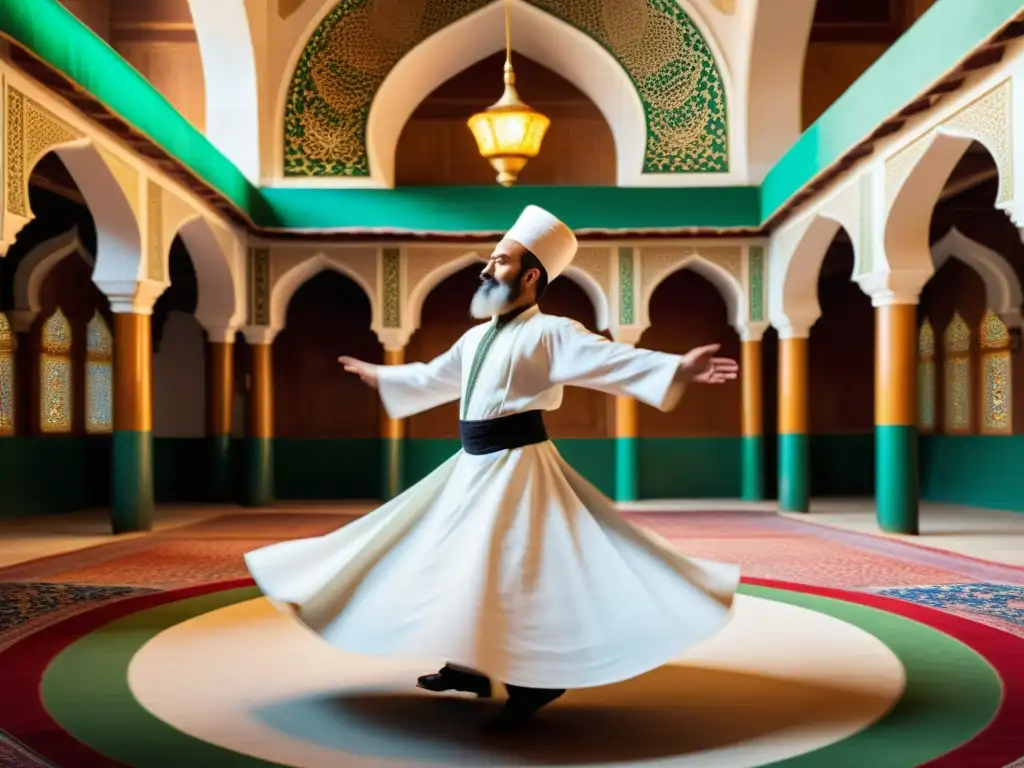 Un derviche sufí gira en una mezquita, simbolismo sufí en arte islámico