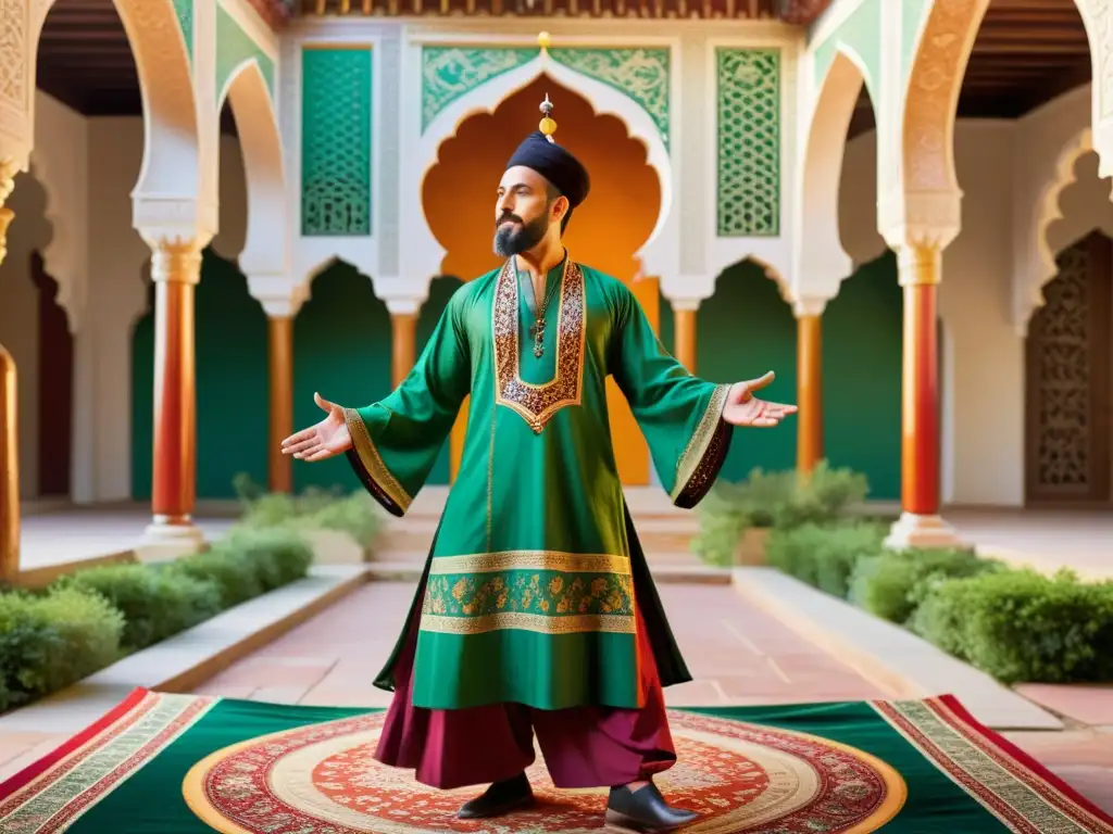 Un derviche sufi en un patio soleado con vestimenta sufi más allá de lana, danzando con gracia y movimientos hipnóticos