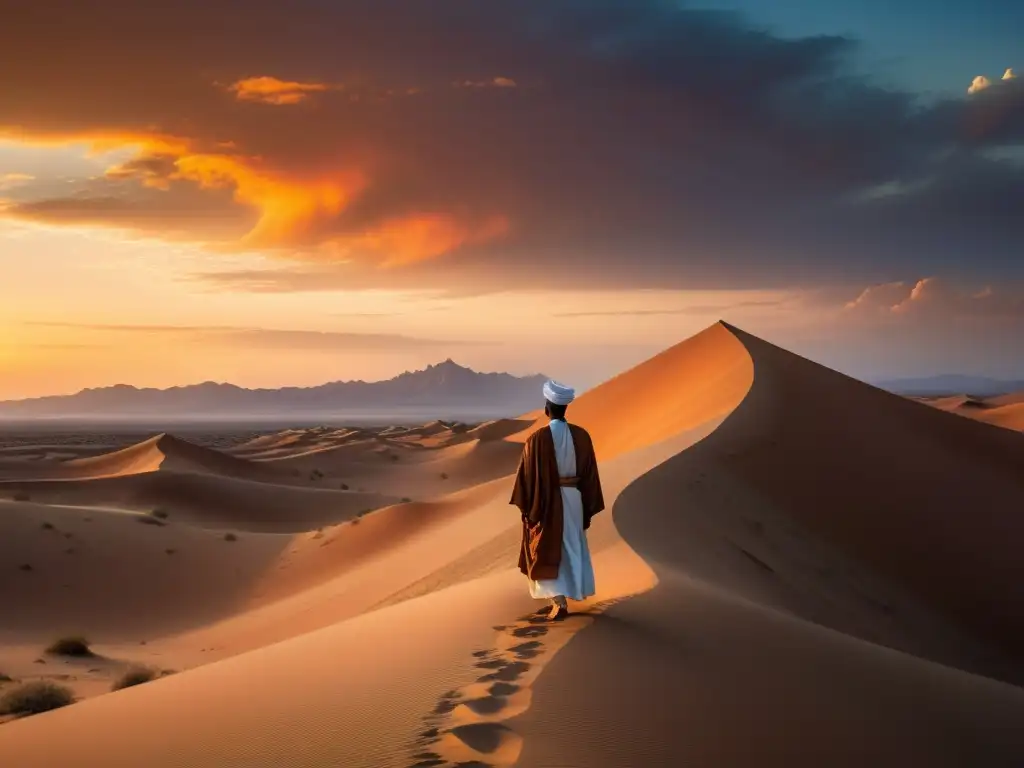 Un derviche solitario medita al atardecer en un desierto, evocando la espiritualidad y la sabiduría del sufismo