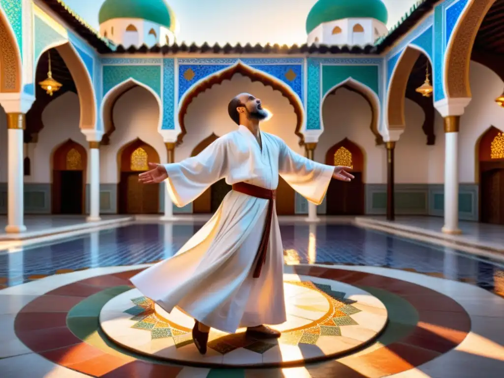 Un derviche sufi girando en trance espiritual en un hermoso patio de mezquita