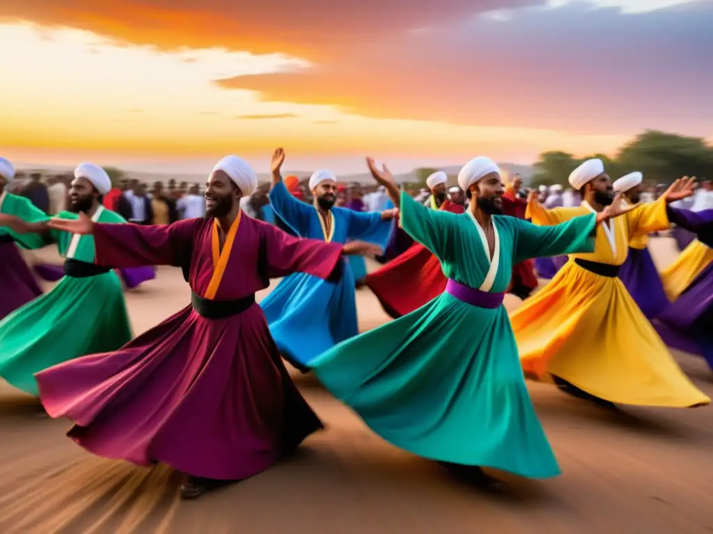 Sufi derviches danzan bajo el cielo africano en un ritual de Sufismo en África, envueltos en color y devoción ante una multitud