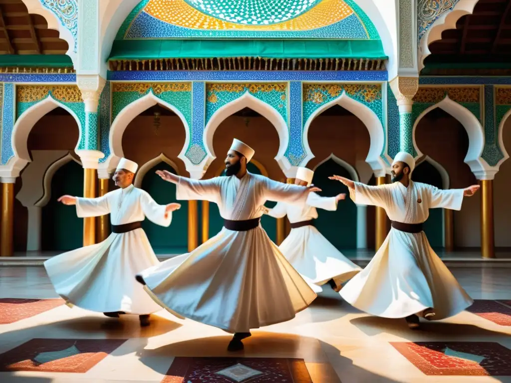 Sufi derviches girando en danza espiritual en una mezquita decorada con azulejos, evocando el Sufismo en los Califatos islámicos