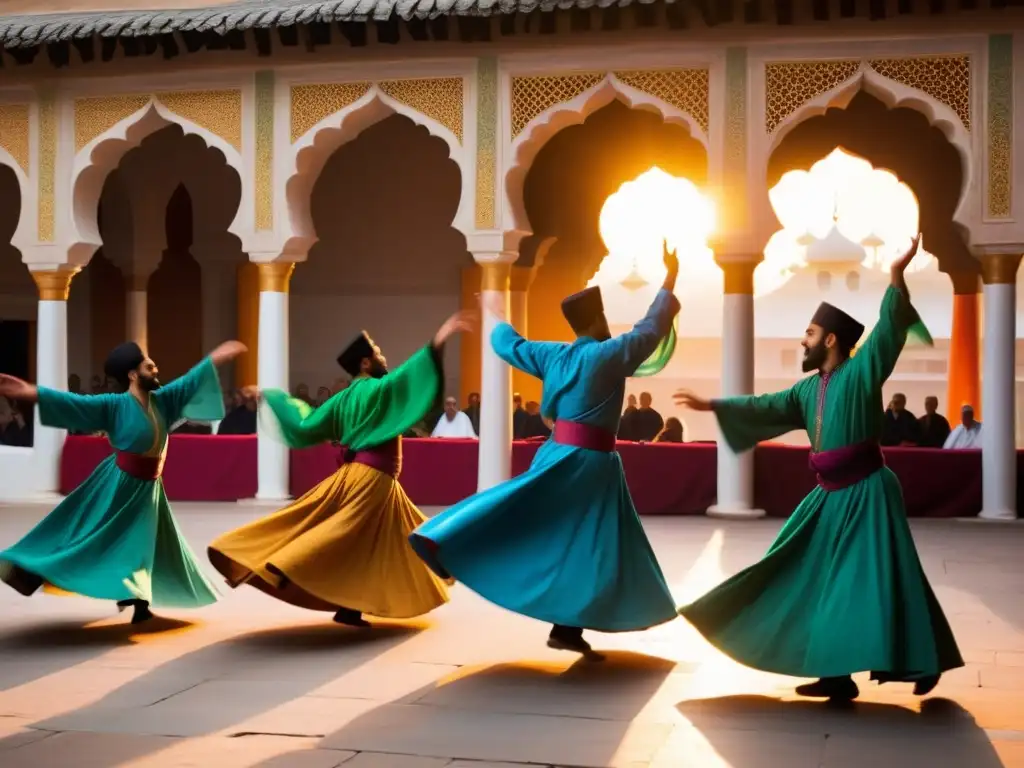 Sufi derviches danzan en un ritual espiritual al atardecer en un patio antiguo en África, transmitiendo la esencia del Sufismo en África impacto social