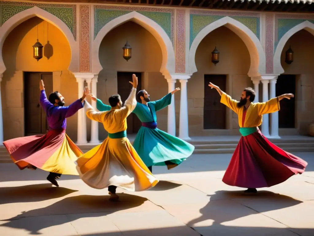 Derviches sufíes danzan en un festival tradicional, creando un remolino de color y devoción