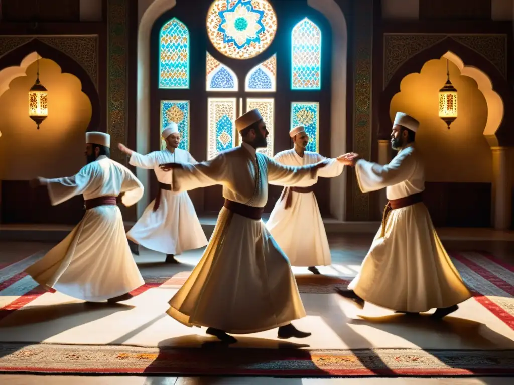 Derviches sufíes en trance espiritual, girando en una mezquita iluminada