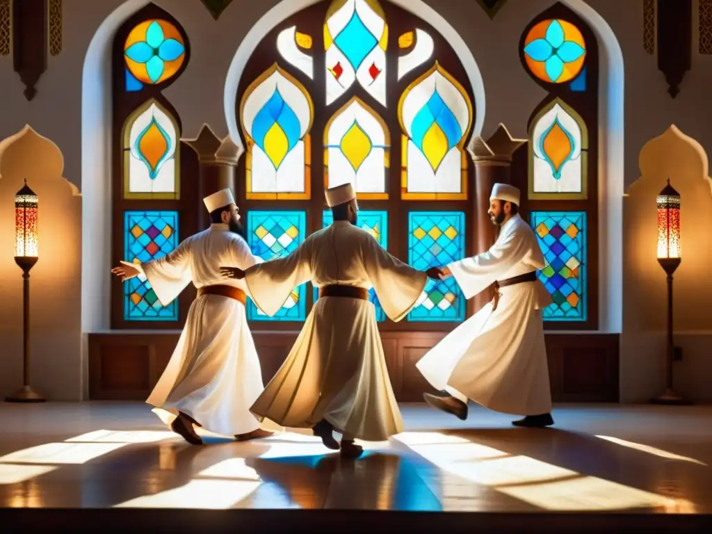 Derviches Sufi en trance, girando en una mezquita iluminada por luz cálida y vitrales, capturando la dimensión mística del Islam