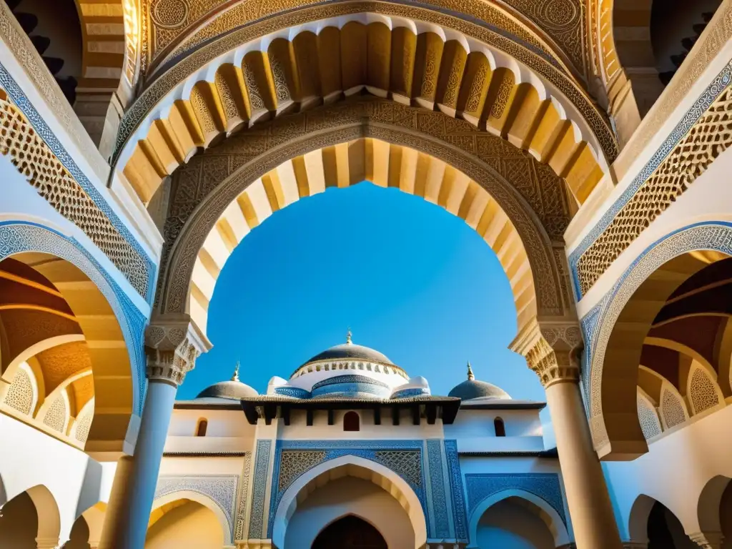 Desafíos internos de los Califatos: Detalles hipnóticos de la arquitectura de la Mezquita de Córdoba en España, bañados por la luz del sol y sombras