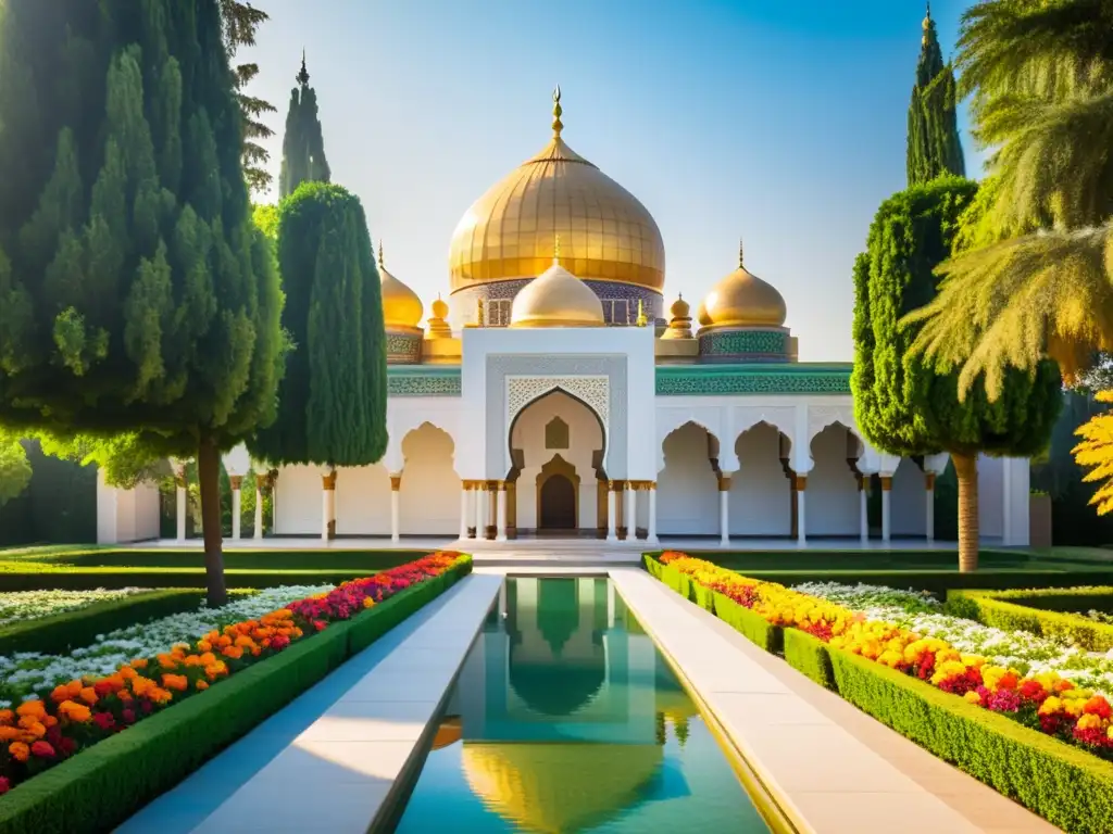 Desarrollo jurisprudencia islámica Asia: Hermosa mezquita rodeada de exuberante jardín, bañada por la cálida luz del sol