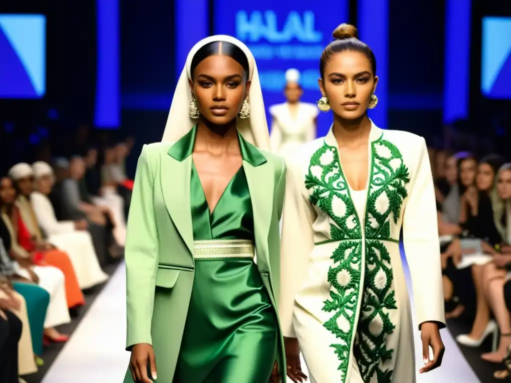 Desfile de moda Halal internacional con diseños contemporáneos, bordados intrincados y colores vibrantes, en una pasarela bulliciosa y exuberante