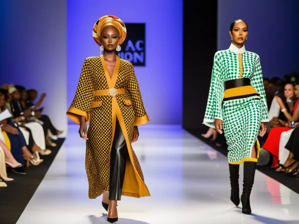 Desfile de moda en el Islam africano: diseñadores presentando creaciones vibrantes en la pasarela, con modelos diversos y espectadores asombrados