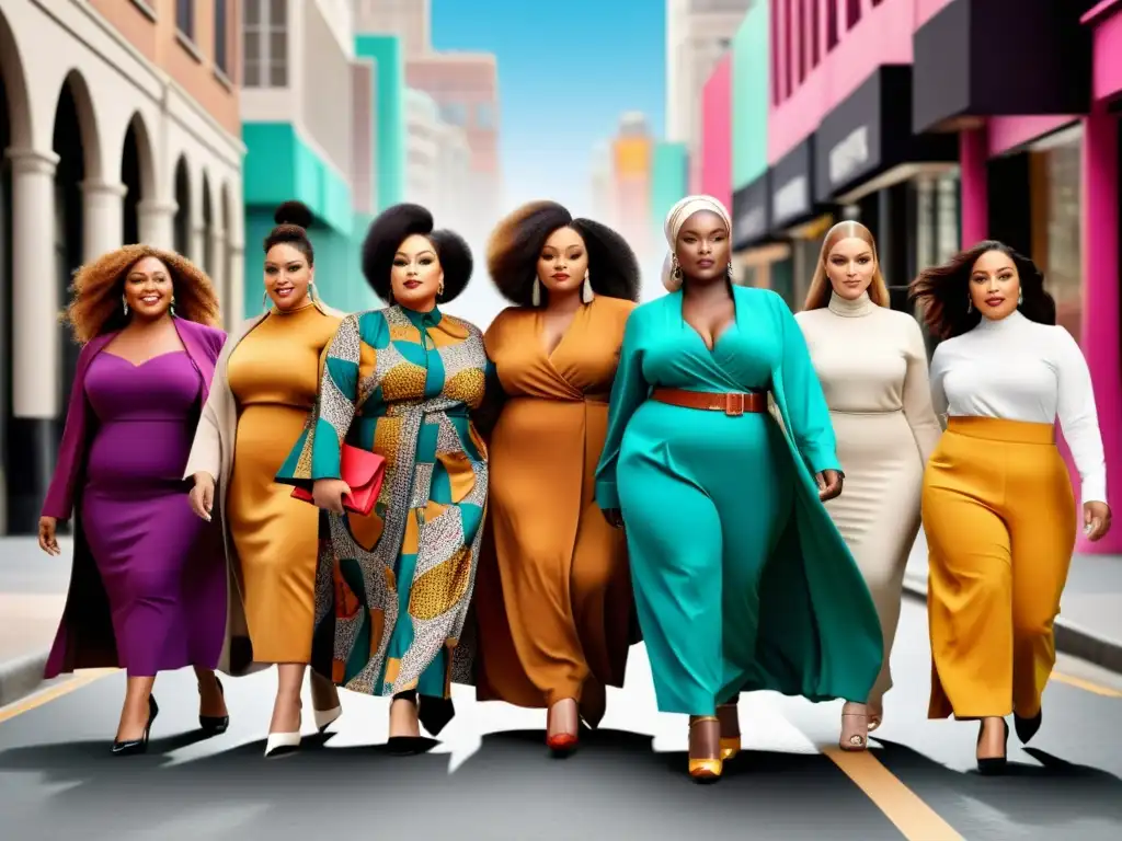 Un desfile de moda islámica plussize inclusiva en la ciudad, con modelos empoderadas de diversas etnias y estilos