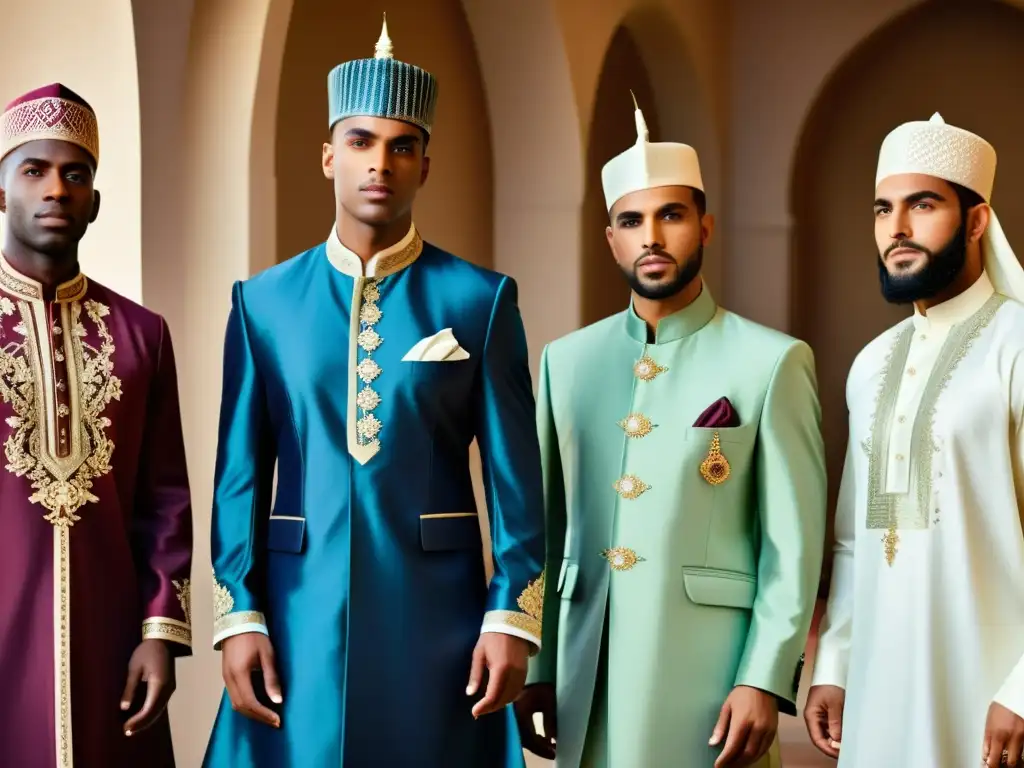 Moda islámica masculina: elegancia contemporánea Un desfile de moda masculina con trajes islámicos Halal, en lujosas telas y colores vibrantes