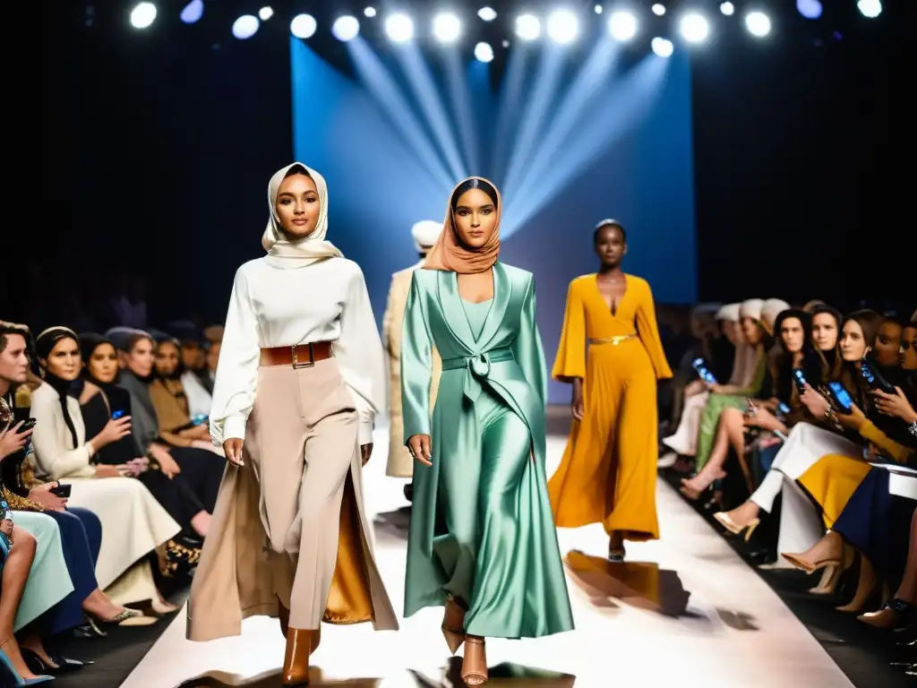 Desfile de moda musulmana en pasarelas internacionales con elegantes hijabs y ropa modesta y estilizada, en una atmósfera de confianza y gracia