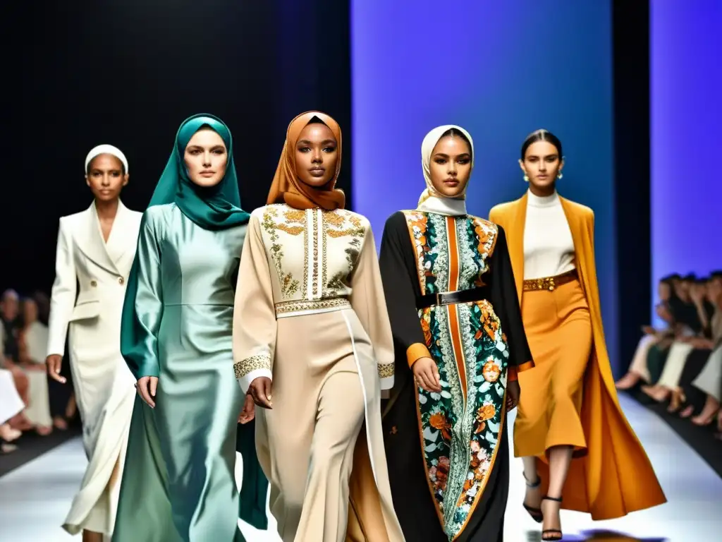 Un desfile de moda musulmana para pasarelas internacionales, con modelos luciendo hijabs y abayas elegantes, exhibiendo confianza y gracia