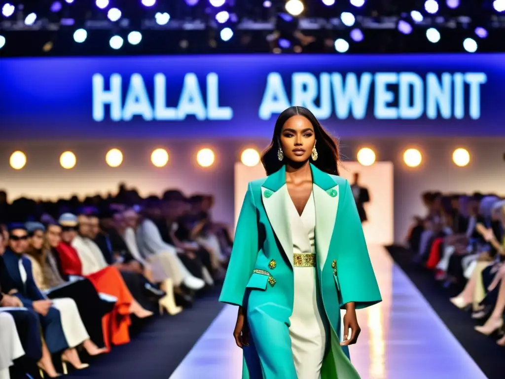 Un desfile de Moda Halal en una pasarela internacional, con modelos luciendo diseños elegantes y diversos