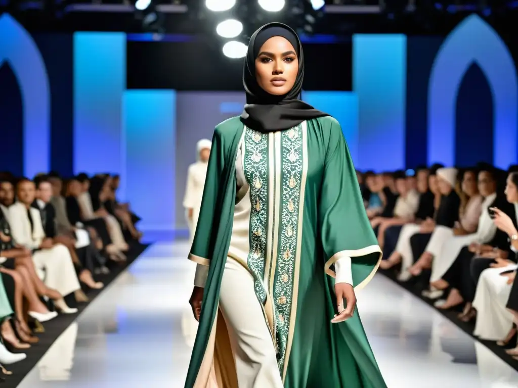 Desfile de moda con simbología islámica Halal, modelos lucen elegantes creaciones en una pasarela sofisticada