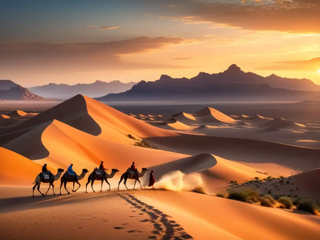 Desierto antiguo al atardecer con oasis brillante y caravana de camellos