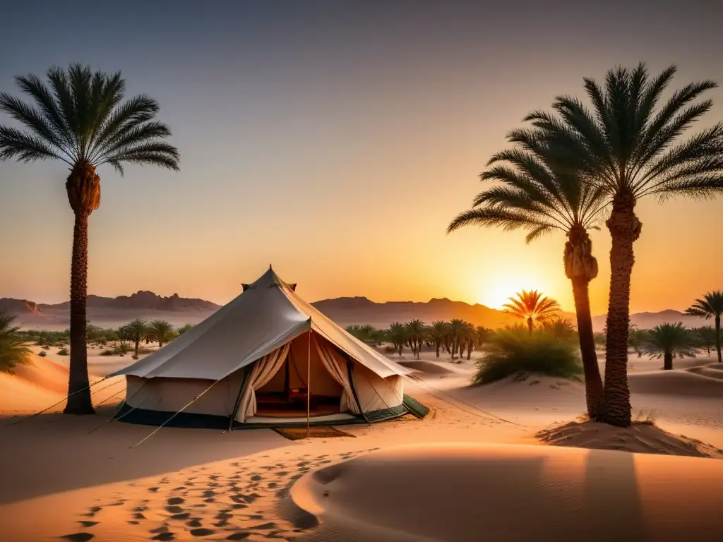 Desierto árabe al atardecer, oasis tranquilo entre palmeras, luz dorada sobre dunas de arena