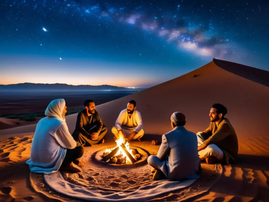 Encuentro Sufí en el desierto de Marruecos, con asistentes alrededor de una fogata bajo un cielo estrellado