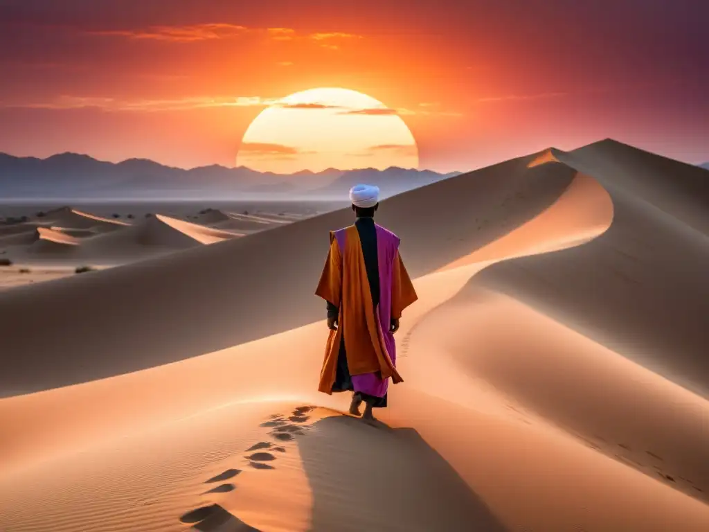 Desierto al atardecer, con un cielo naranja y rosa