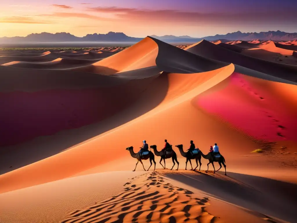 Desierto al atardecer con dunas, cielo multicolor y camellos en la distancia