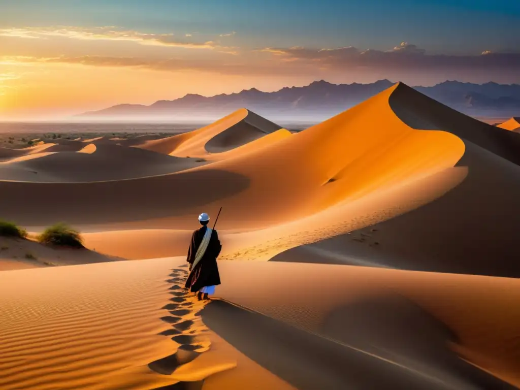 Desierto al atardecer con figura islámica y poesía, evocando la universalidad poesía islámica