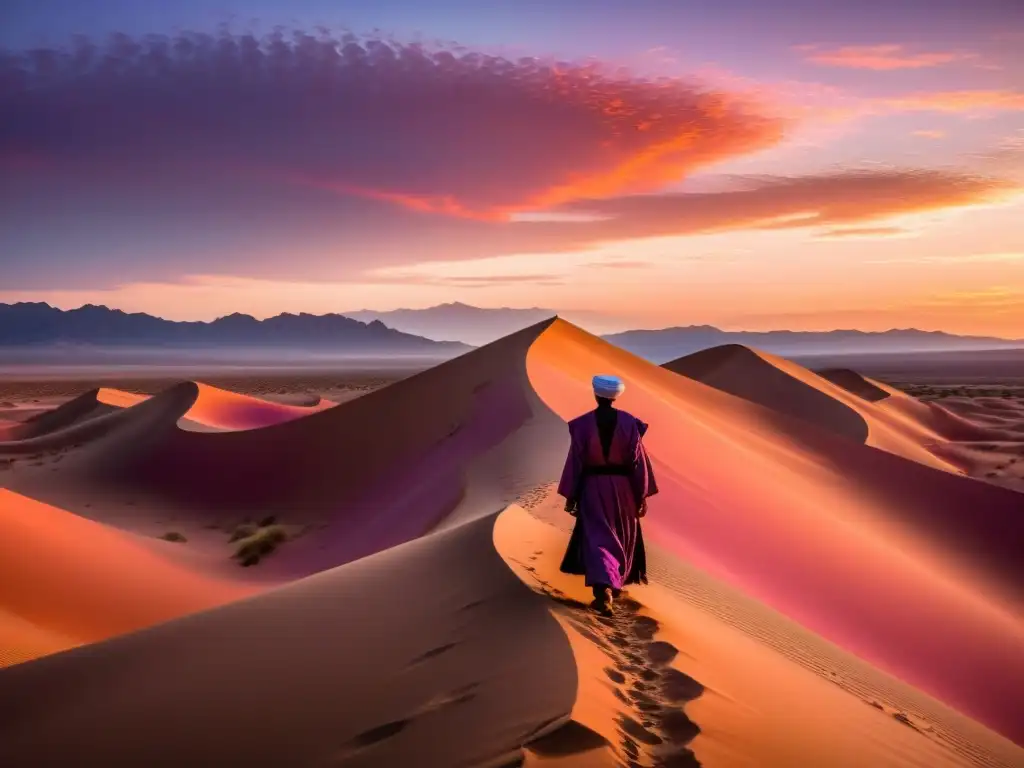 Un desierto al atardecer con un Sufi en meditación, evocando la guía literaria 'Camino del Sufí'