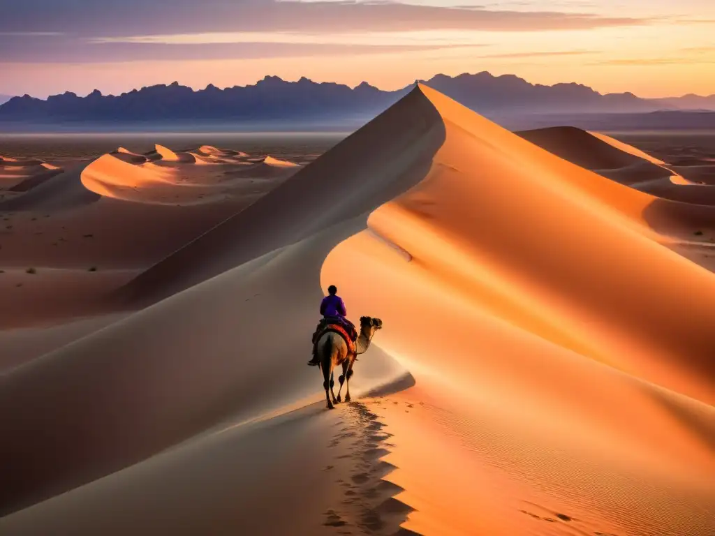 Un desierto dorado al atardecer, con dunas infinitas y una figura solitaria en camello