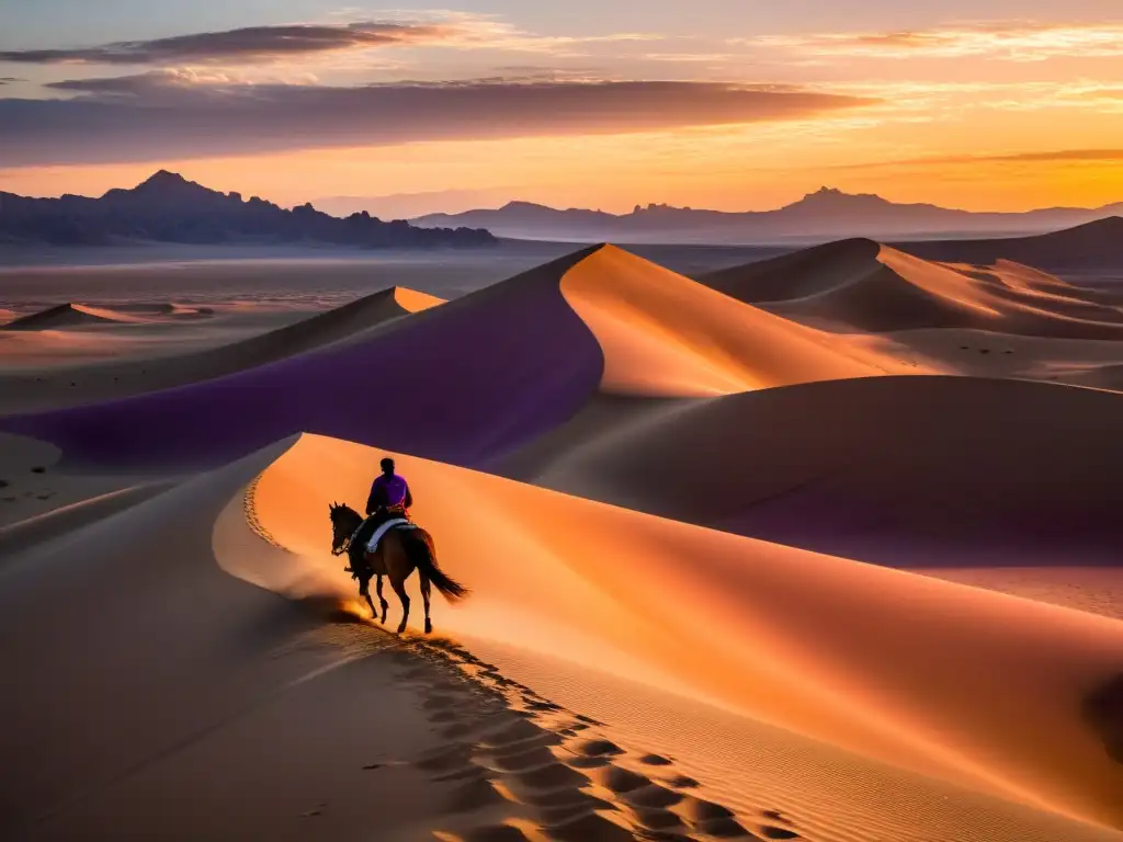 Desierto dorado al atardecer con jinete árabe contemplando la vasta belleza, evocando la literatura árabe poesía narrativa moderna