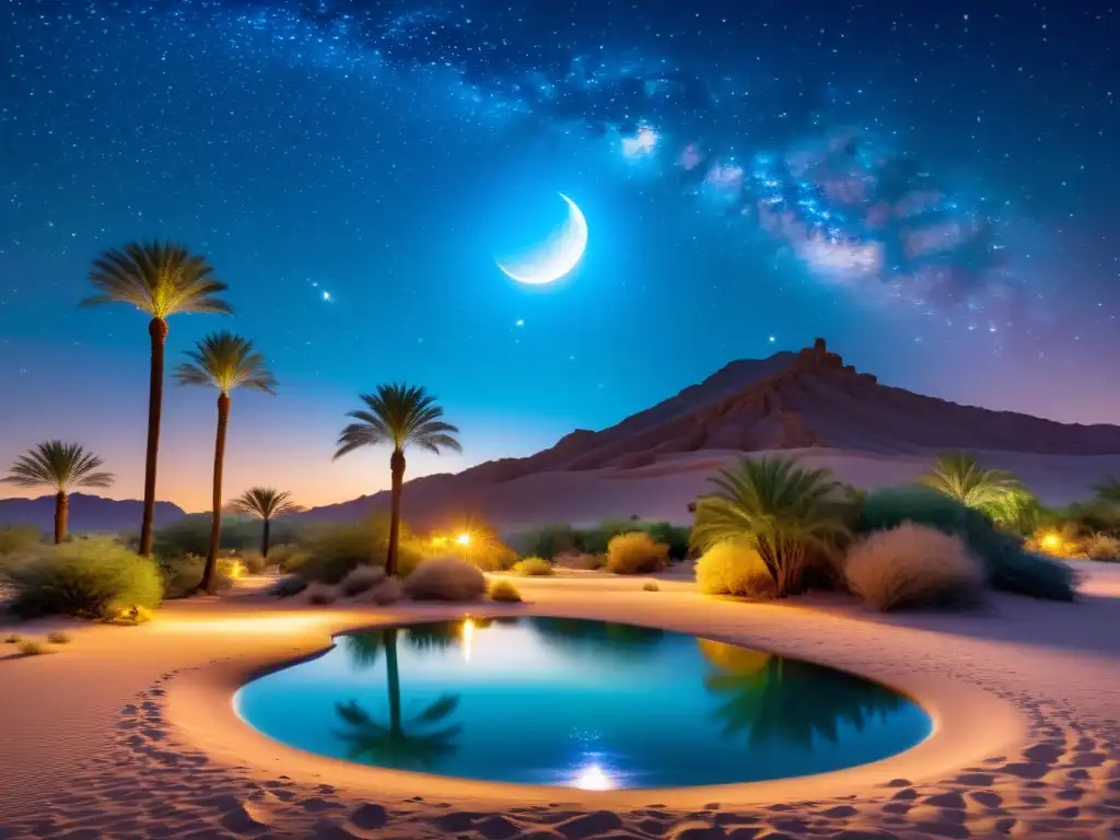 Una ilustración fotorealista de un desierto estrellado con un oasis místico y vibrante, evocando una narrativa sufí en las mil y una noches