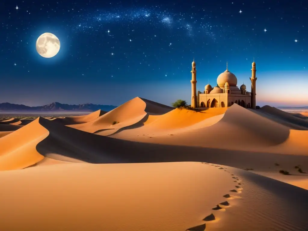 Desierto iluminado por la luna en Lailat alQadr, con mezquita a lo lejos