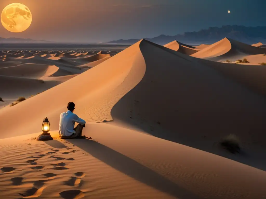 Desierto iluminado por la luna llena, figura solitaria entre manuscritos antiguos