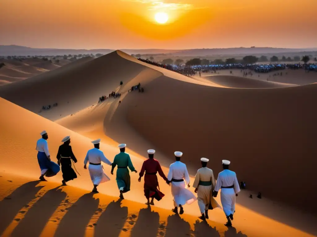 Encuentro Sufí Desierto Marruecos: Fotorealista imagen del vibrante El Moussem de TanTan, con danzas espirituales, colores y atmósfera mística