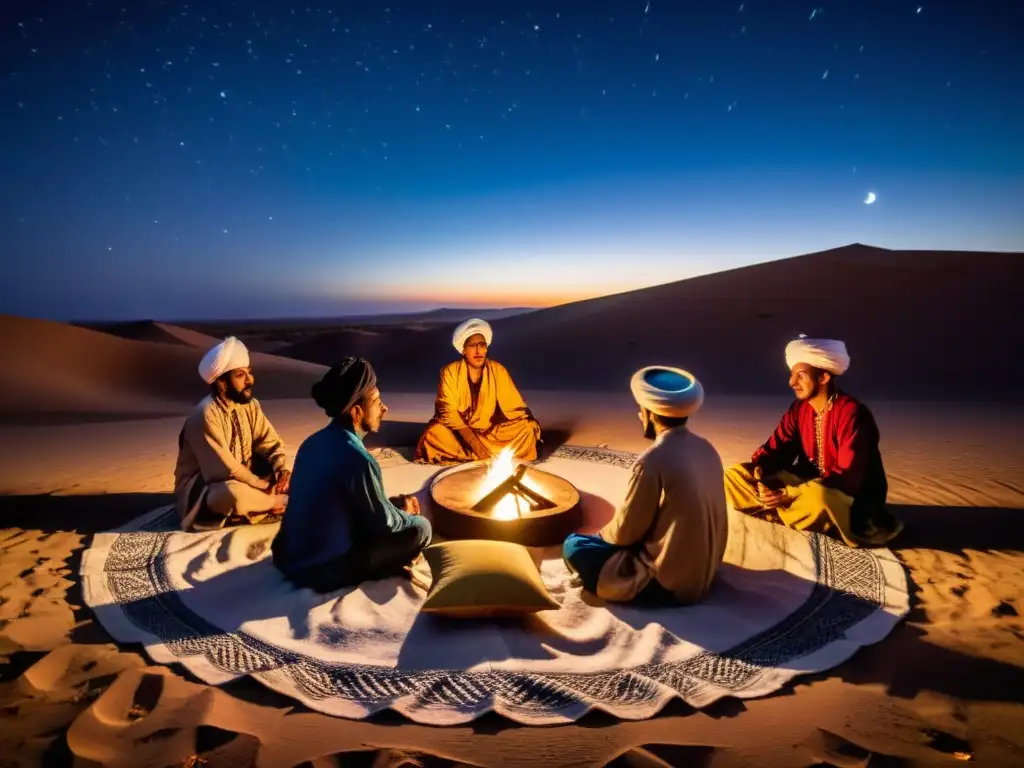 Encuentro Sufí en el desierto de Marruecos: músicos y bailarines bajo el cielo estrellado, con vestimenta tradicional colorida y fuego brillante