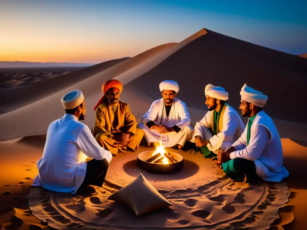 Encuentro Sufí en el desierto de Marruecos: músicos y bailarines alrededor de una fogata, con el sol poniente iluminando las dunas detrás