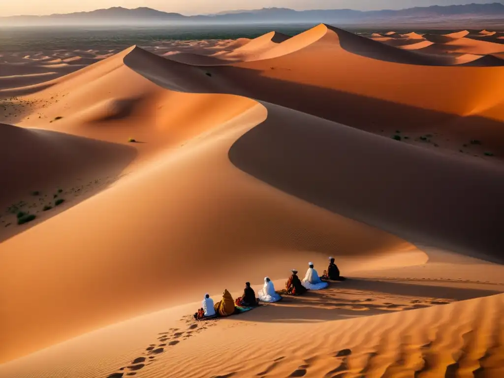 Encuentro Sufí en el desierto de Marruecos: paisaje dorado de dunas con practicantes en ritual espiritual al atardecer