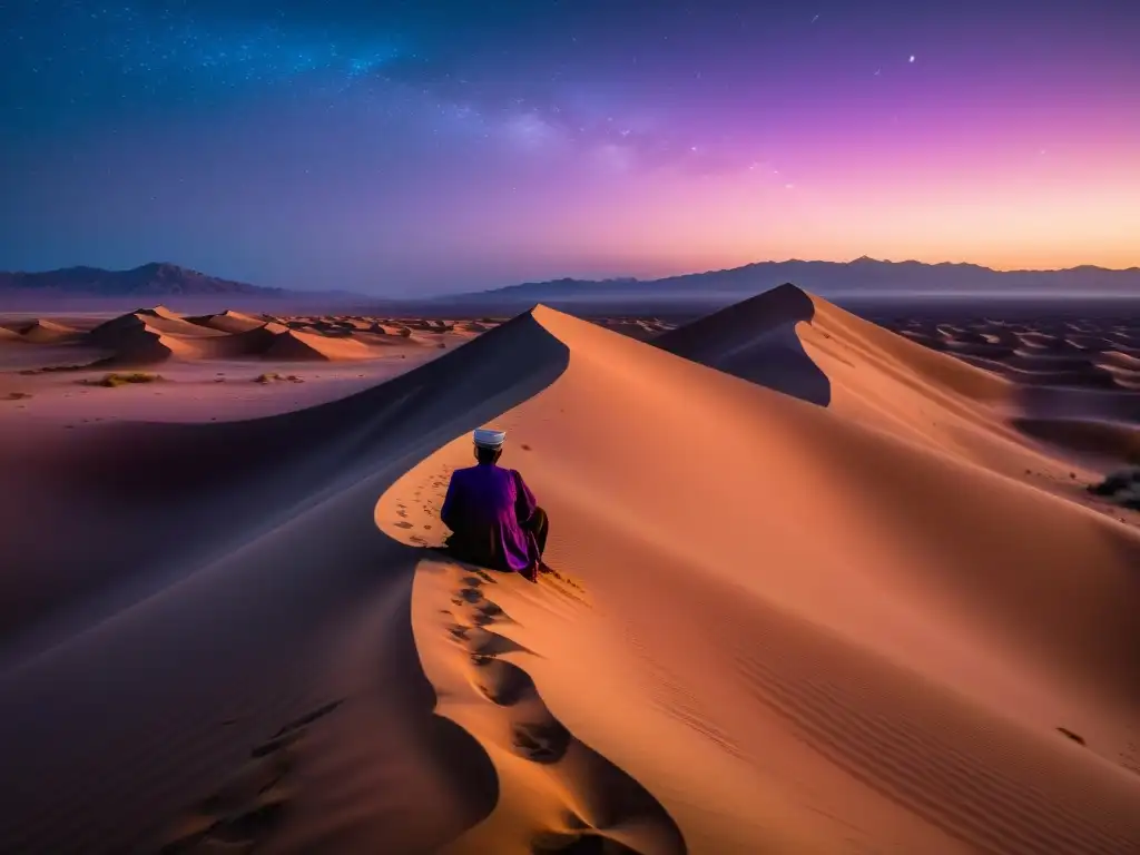 Un desierto tranquilo al atardecer, con un sol cálido y largas sombras en las dunas