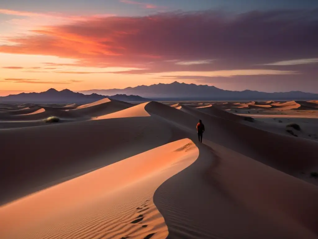 Un desierto vasto y tranquilo al atardecer, con tonos naranjas y rosados en el cielo