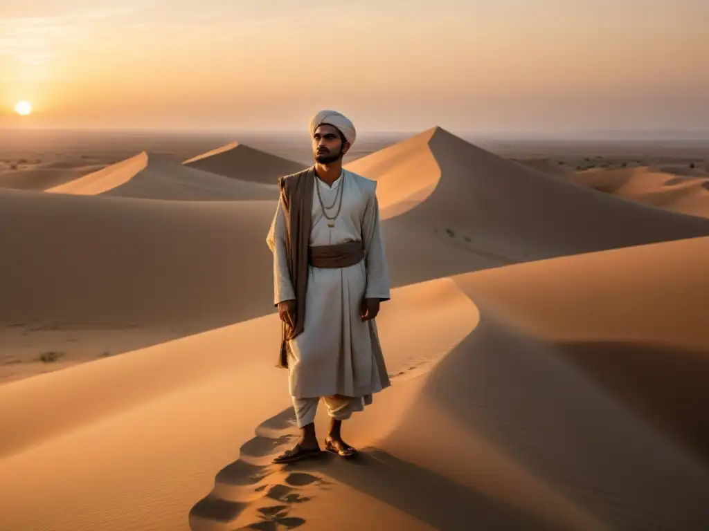 AlGhazali reflexiona en el desierto al amanecer, buscando la verdad espiritual