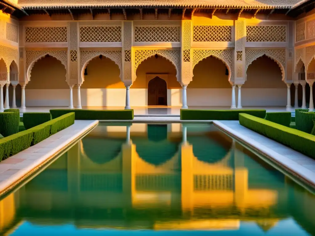 Deslumbrante Alhambra durante un vibrante atardecer en alÁndalus, reflejos serenos en el agua, transmitiendo conocimientos matemáticos