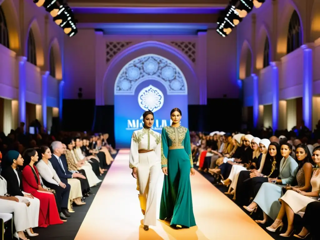 Un deslumbrante desfile de moda globalizada en un majestuoso salón, con modelos luciendo elegantes diseños de vestimenta musulmana