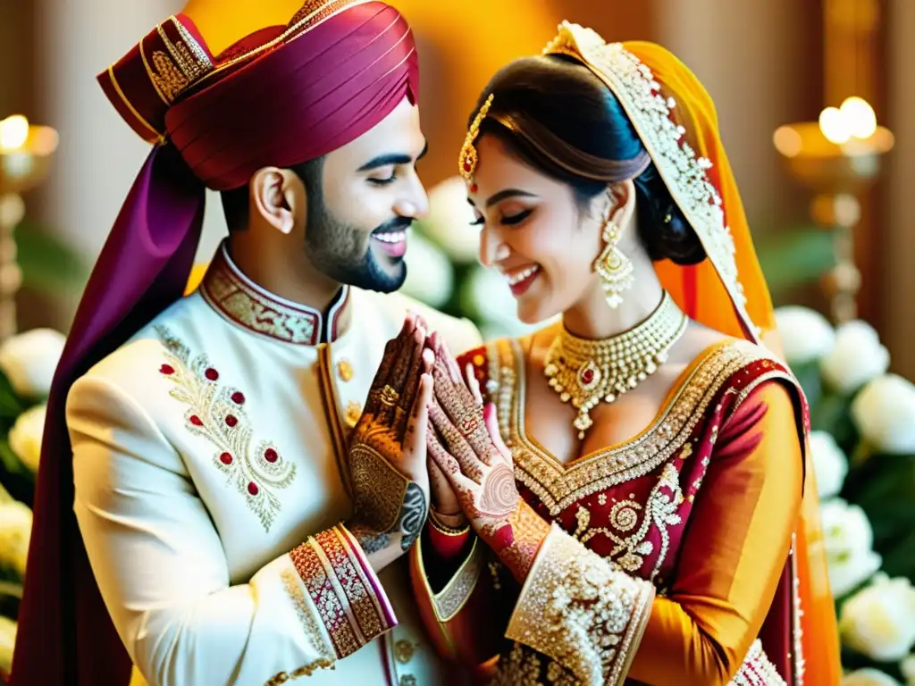 Una deslumbrante imagen fotorealista de una tradicional ceremonia de bodas islámicas, con detalles intrincados en el diseño de henna de la novia, vibrantes colores en los trajes ceremoniales, delicados arreglos florales y expresiones alegres de los recién casados y sus seres quer