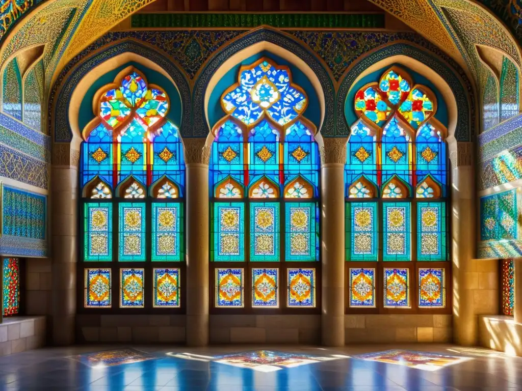 Deslumbrante influencia persa en arquitectura islámica: Mosaico detallado y luz a través de vidrieras en la Mezquita Nasir al-Mulk, Shiraz, Irán