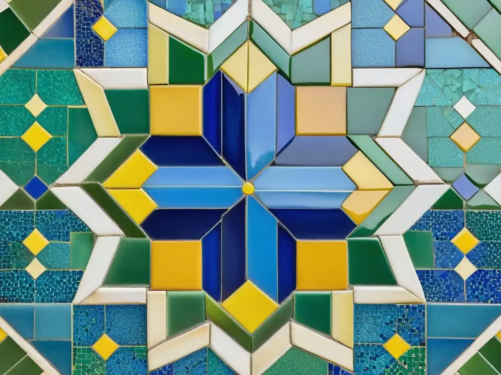 Deslumbrante mosaico de Zellige con geometría islámica en el Art Nouveau en la Alhambra de Granada, España