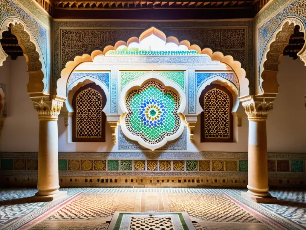 Un deslumbrante mosaico en la Madraza Al-Attarine, reflejo de la rica historia islámica en la mística ciudad de Fez, Marruecos