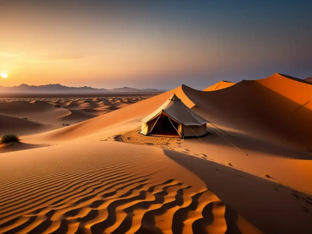 Deslumbrante paisaje desértico al atardecer con una tienda beduina y personas reunidas alrededor de una fogata