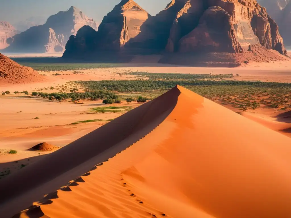 Deslumbrante paisaje desértico de Wadi Rum, Jordania, bañado por la cálida luz del atardecer